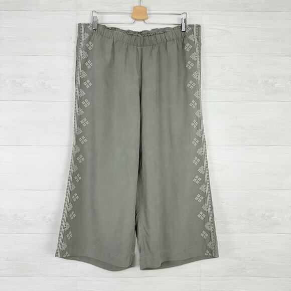 J.Jill Cropped Wide Leg Pants Women XL Gray Embroidered Pull On Tencel Boho - Picture 1 of 14